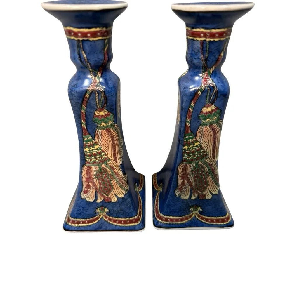 VTG Blue Cloisonne Porcelain Candlestick Holders Pair Chinese 8